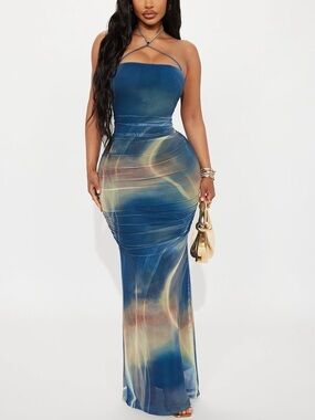 Fashion Nova Blue Marble Halter Maxi Dress